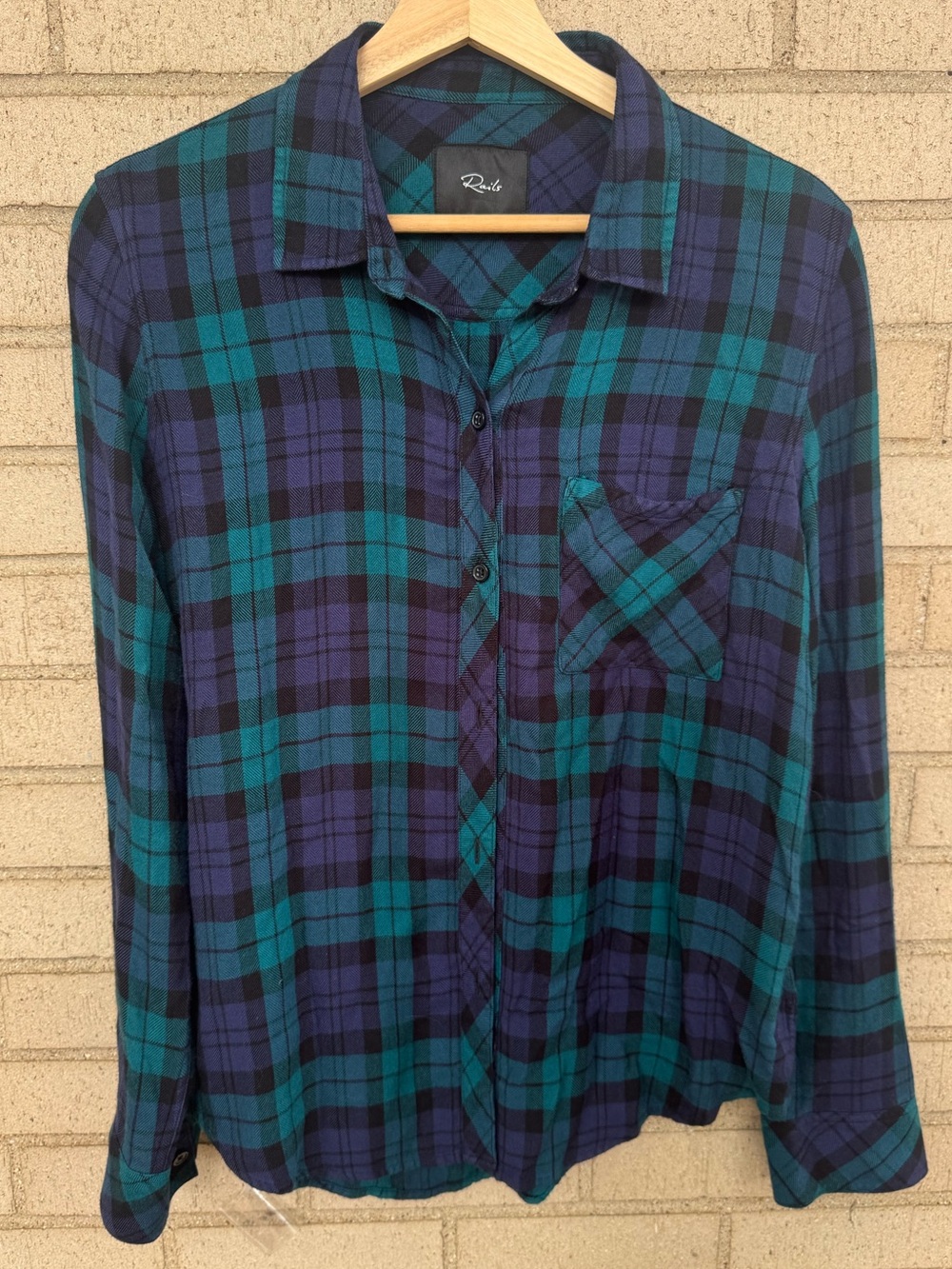 Rails Teal Blue Navy Green Plaid Lightweight Flannel Button-Down Shirt Small